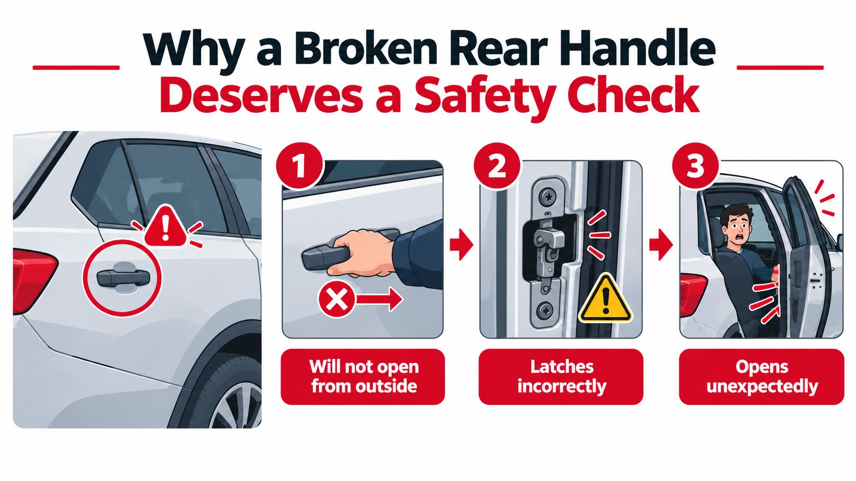 An infographic illustrating why a broken car rear door handle poses significant safety risks to passengers.