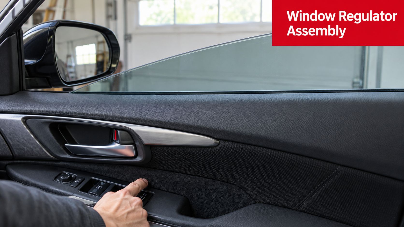 A person pressing a power window control button on the door panel of a car interior.