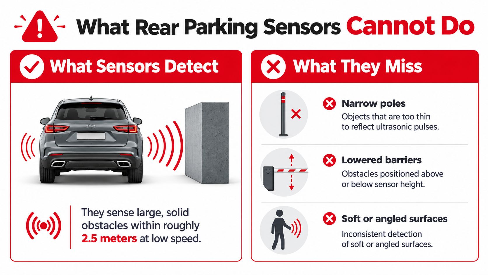 An infographic detailing the capabilities and limitations of vehicle rear parking sensors using clear icons and text.