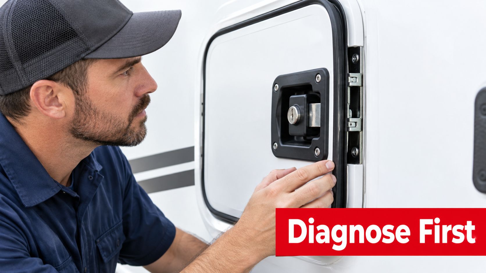 A technician carefully inspects the latch mechanism on a white RV storage compartment door for repair needs.