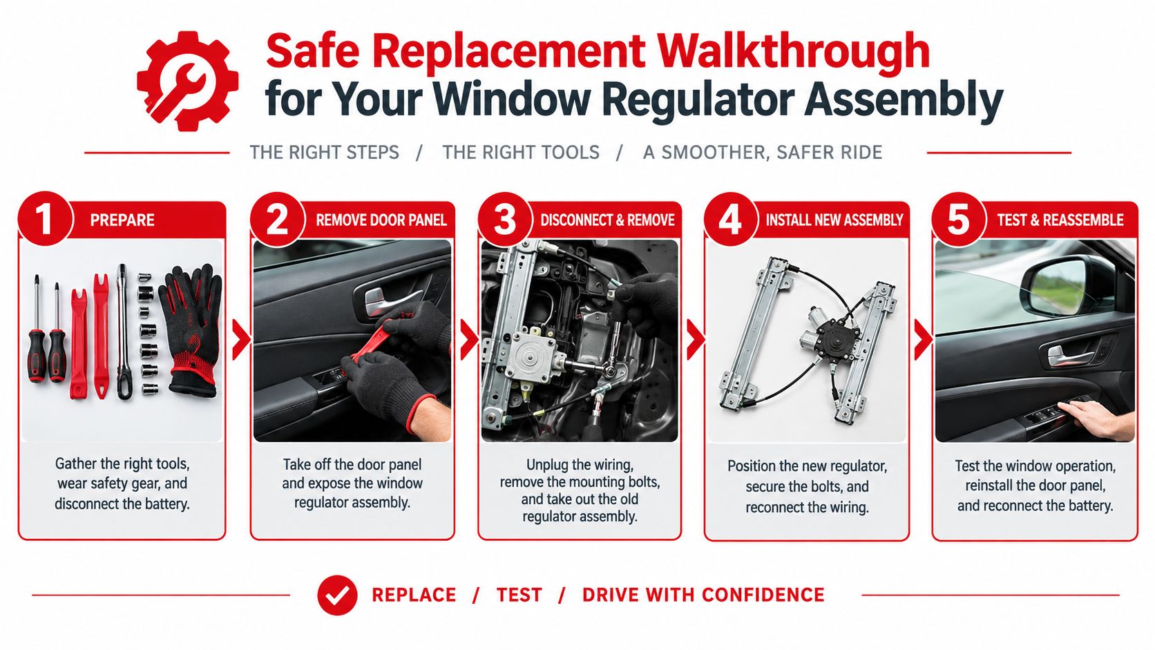 An infographic showing a five-step guide for safely replacing a car's window regulator assembly at home.