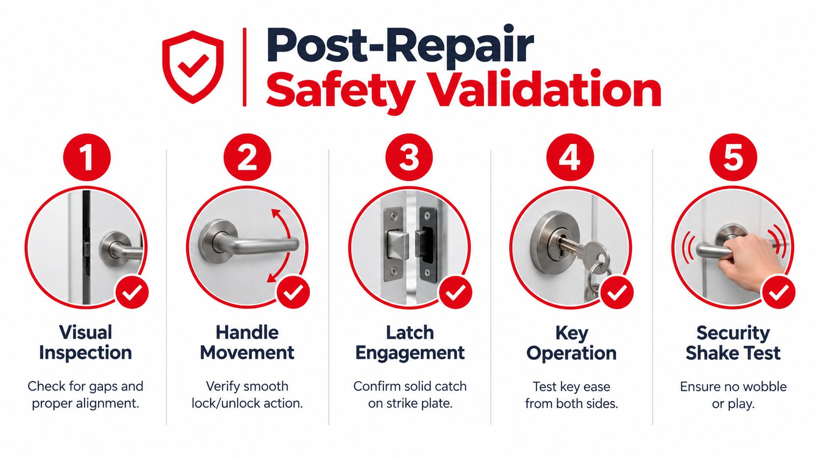 A five-step instructional guide titled Post-Repair Safety Validation for checking a door handle and lock assembly.