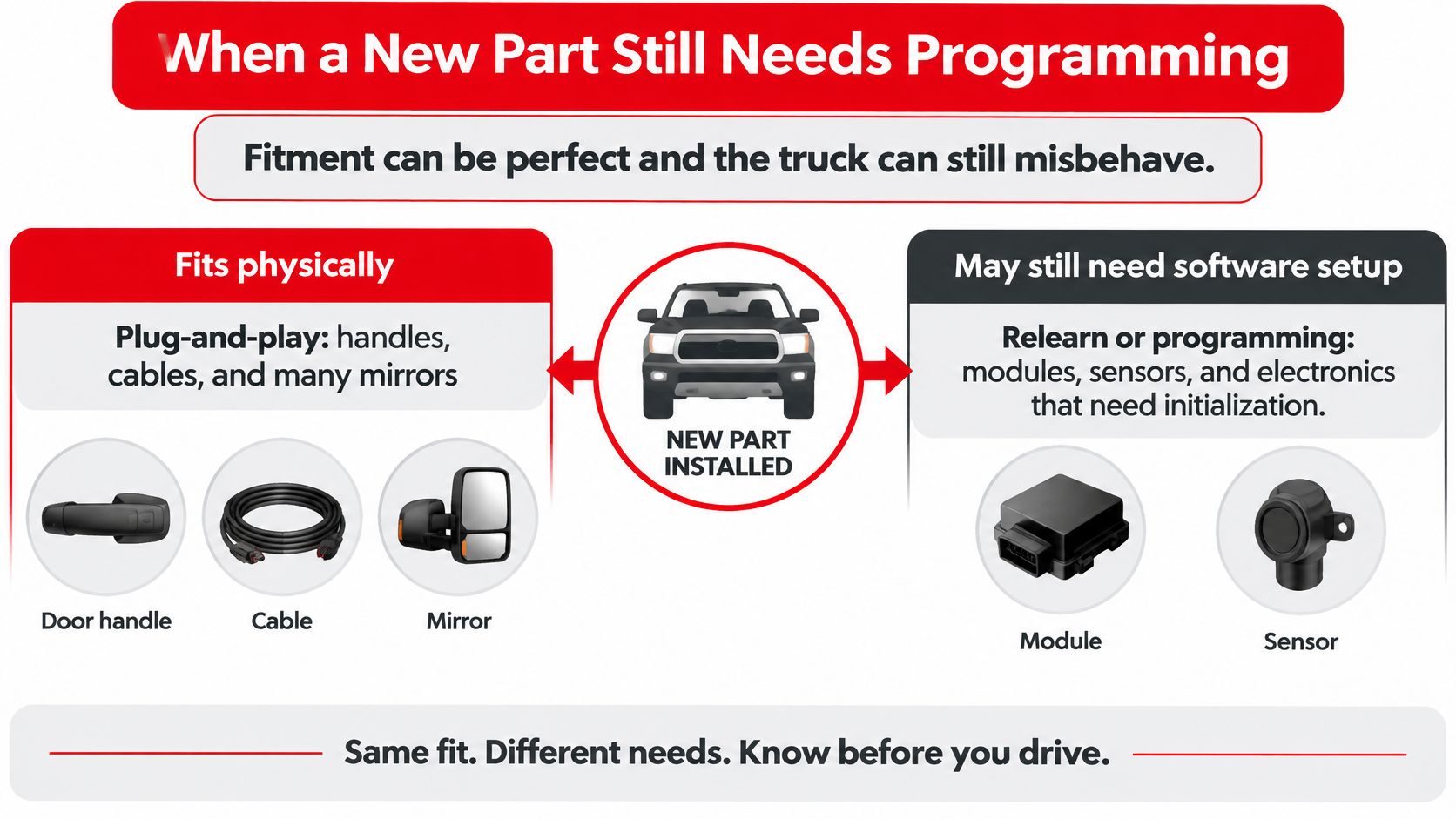A diagram explaining that new vehicle parts may fit physically but still require software programming or initialization.
