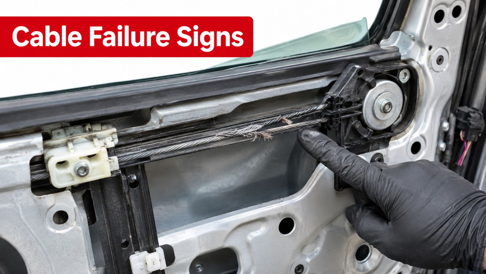 A close up view of a gloved hand inspecting a frayed car window regulator cable inside door.