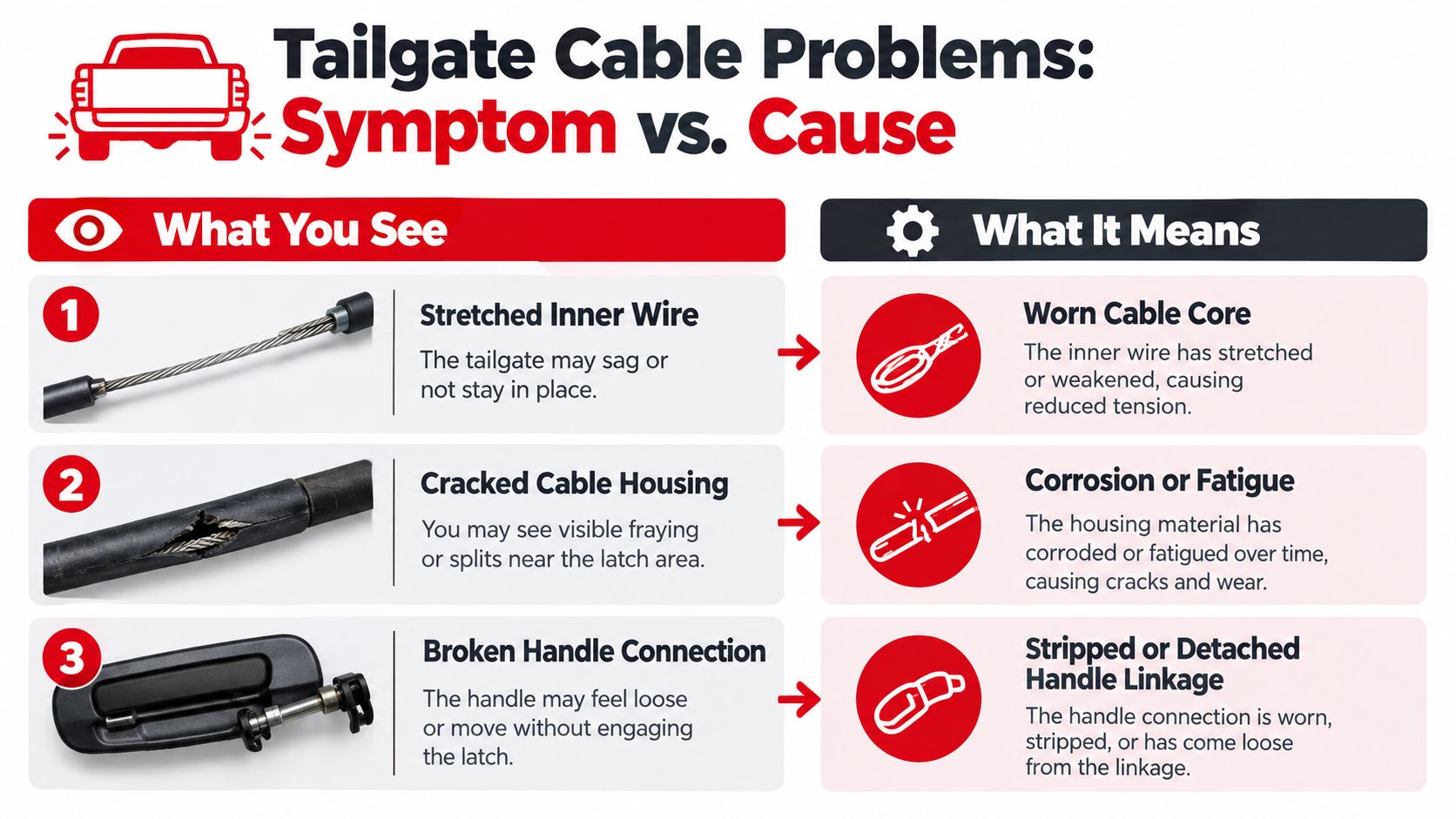 An infographic detailing common tailgate cable problems, comparing symptoms on the left to causes on the right.