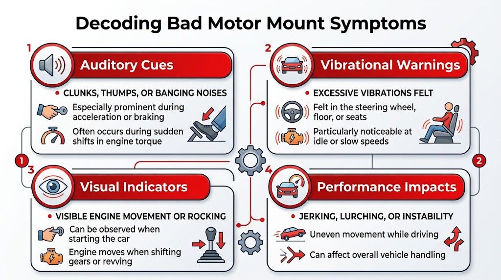 An infographic detailing the four main signs of bad motor mounts in a vehicle, including sounds and vibrations.