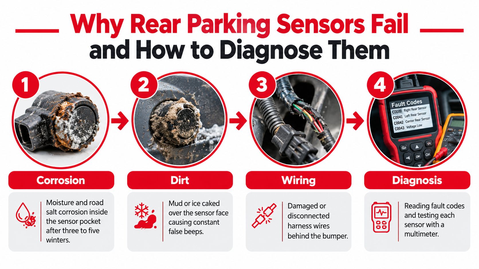 A diagram illustrating four common causes of rear parking sensor failure and how to diagnose them.
