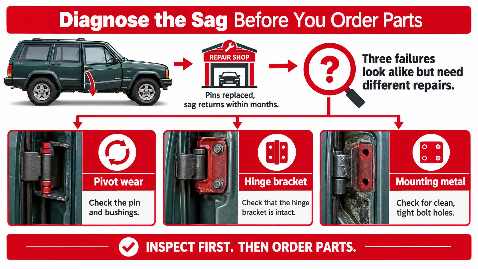 A diagnostic guide illustrating three common causes for sagging car doors and how to inspect them.