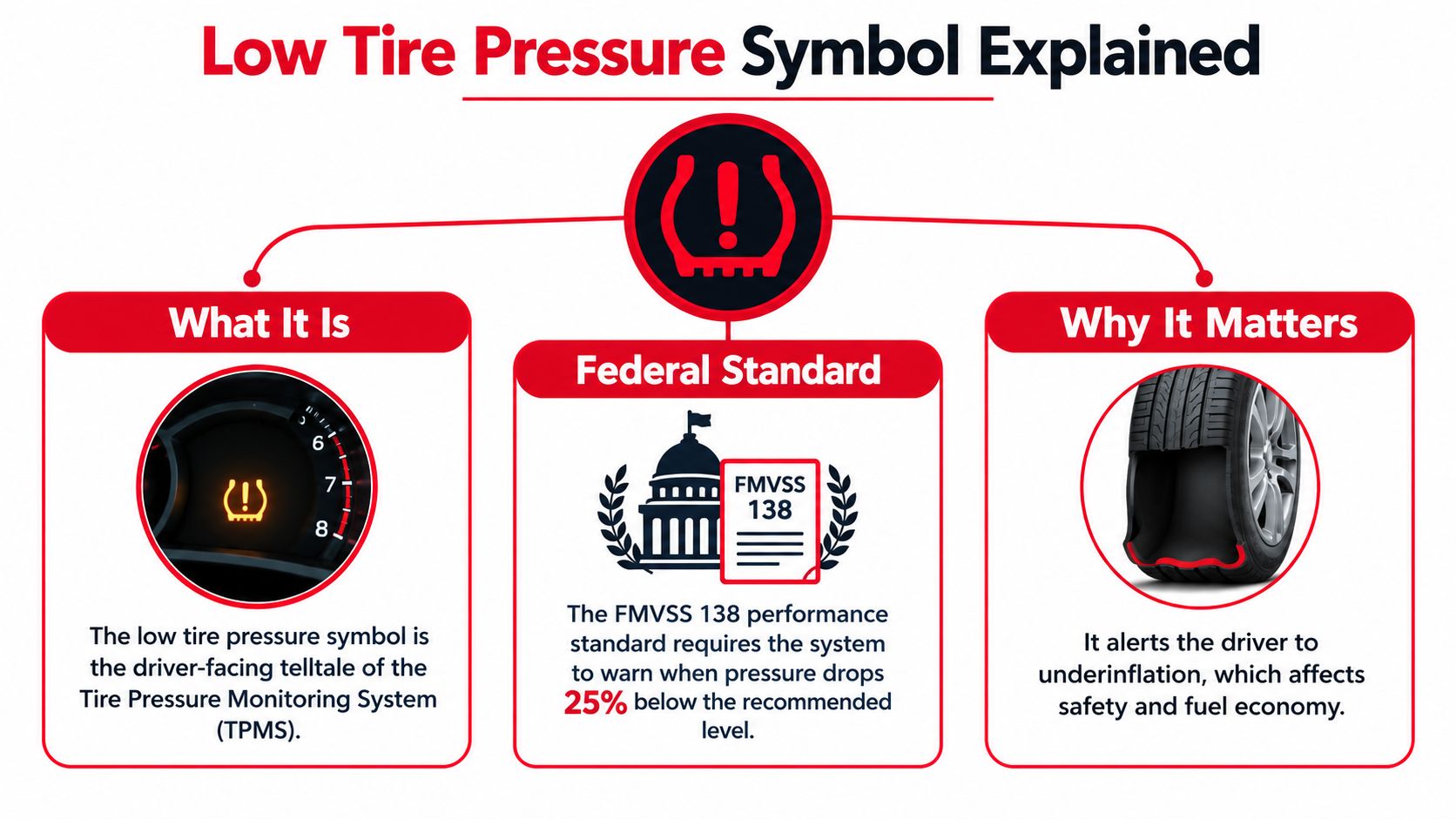 An infographic explaining the meaning and importance of the vehicle dashboard low tire pressure warning light.