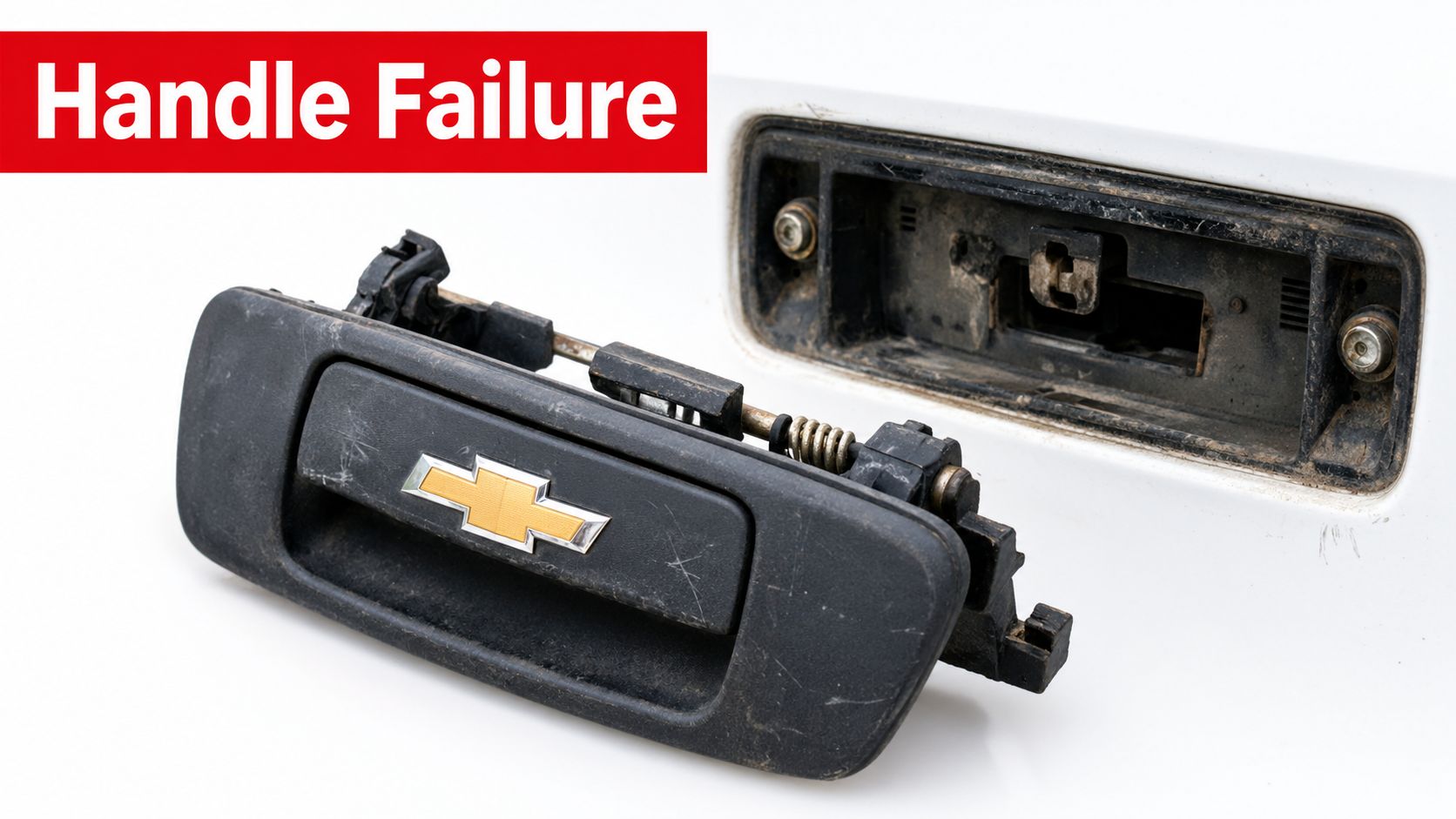 A broken Chevrolet tailgate handle removed from a white vehicle with visible damage to the mechanism.