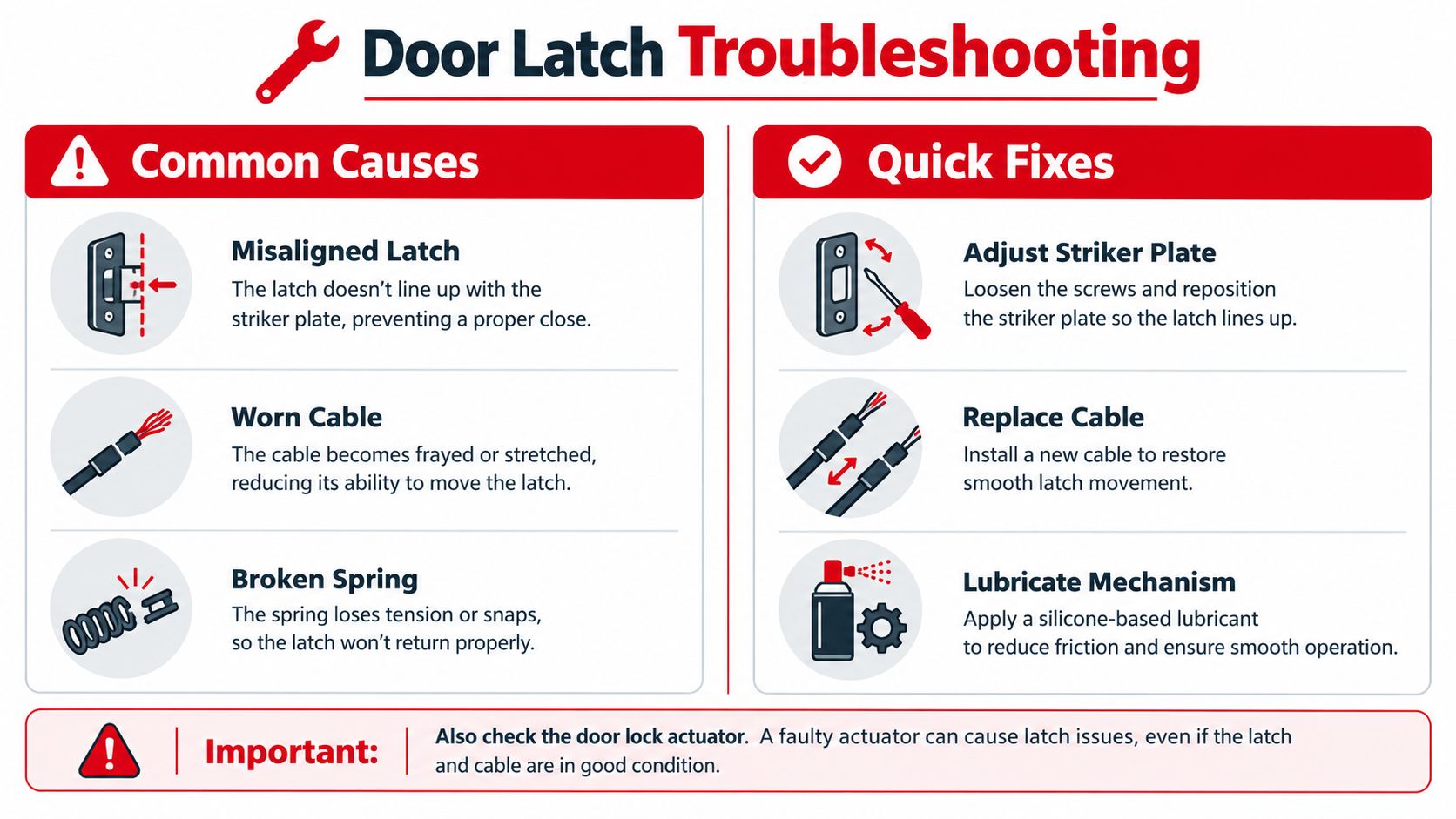 A troubleshooting infographic illustrating common causes and quick fixes for faulty door latch mechanisms.