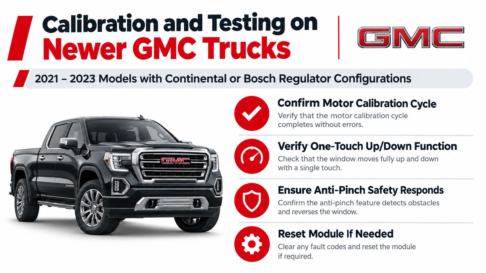 A technical guide for window motor calibration and testing procedures on 2021-2023 GMC trucks featuring regulator configurations.