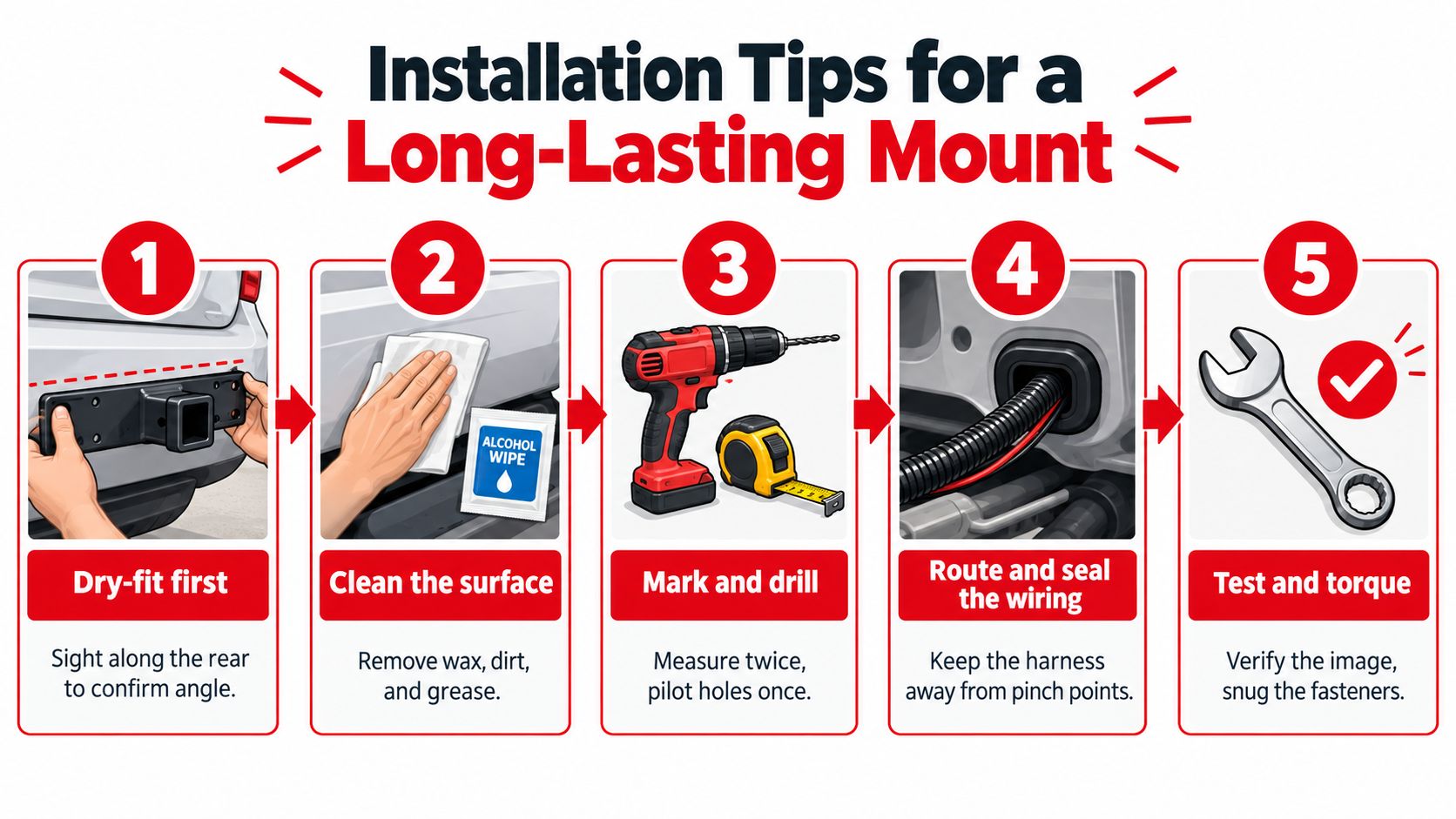 An infographic showing five steps for installing a backup camera bracket on a vehicle bumper safely.