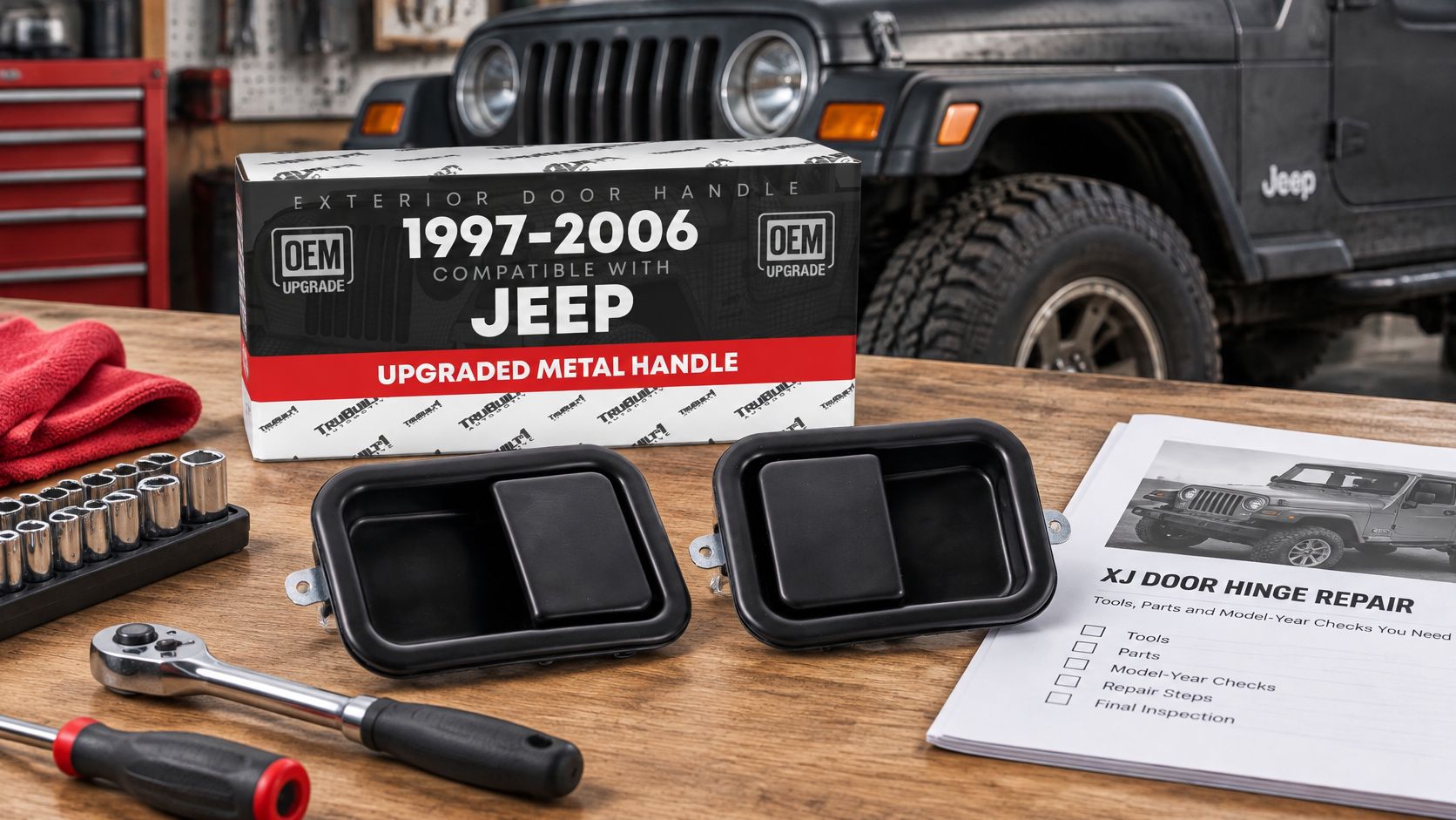 Exterior Door Handle Set, Front Driver + Passenger Door Handle - Compatible with 1997-2006 Jeep Wrangler, Full Door Type - Black, Metal, 55176382AE, 55176382AB, 55176383AE, 55176383AB, 79398, 79399 - Front Driver + Passenger Door Handle