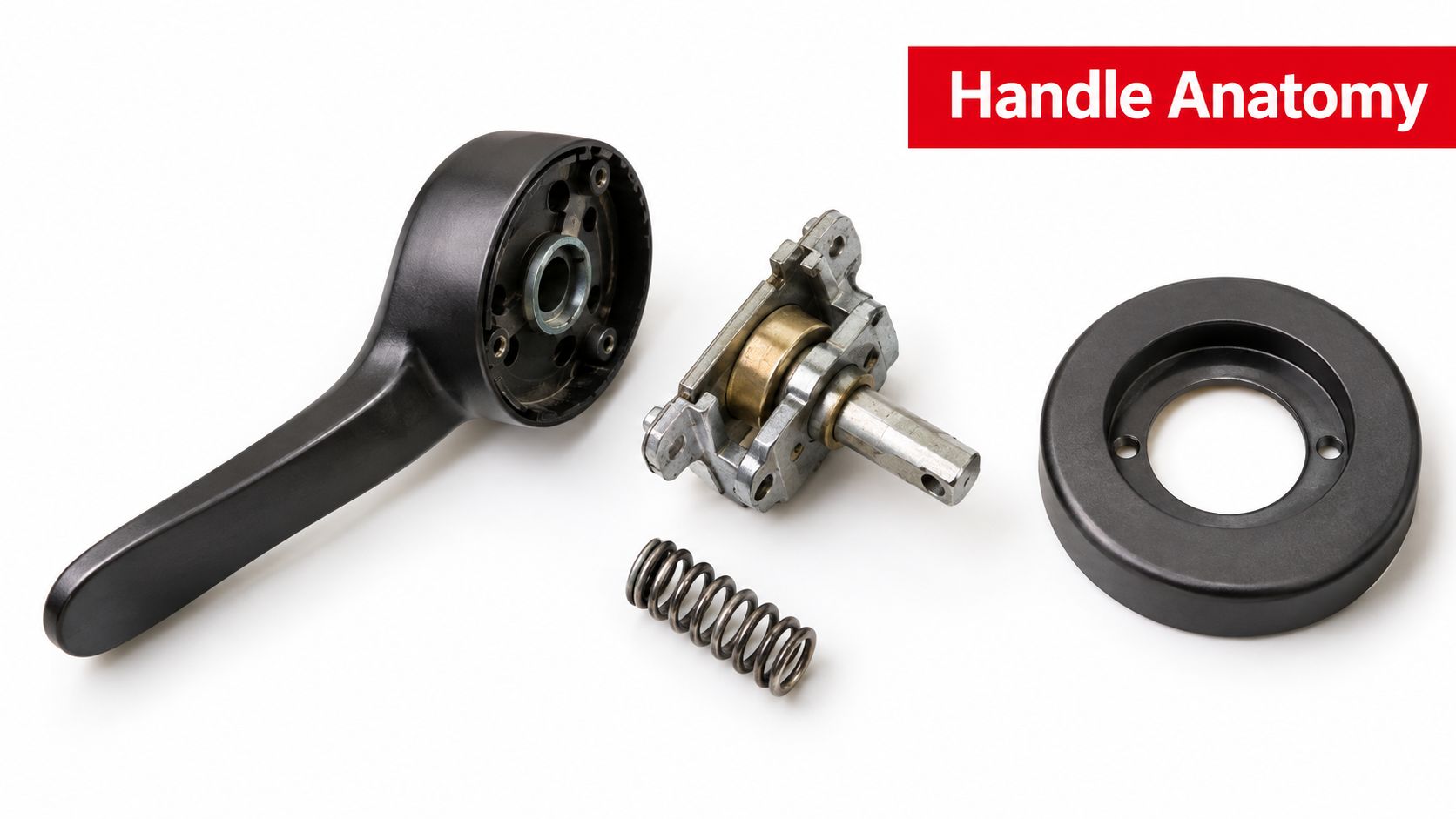 Disassembled matte black door handle components displayed individually on a clean white background for repair preparation.