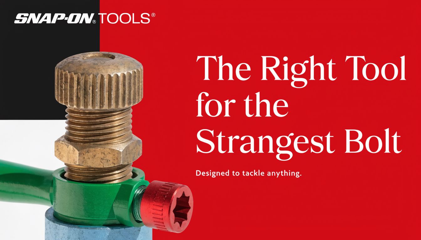 A close up view of a specialized Snap-on tool gripping an unusual metal fastener against a red background.
