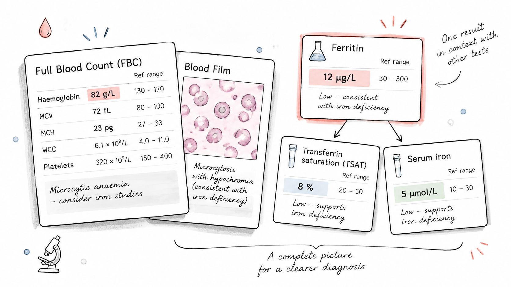 A diagnostic medical chart showing blood test results confirming a diagnosis of iron deficiency anemia in a patient.