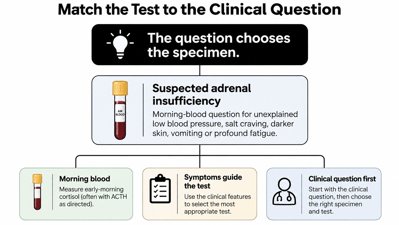A diagram illustrating how clinical symptoms like fatigue or salt craving guide the selection of cortisol blood tests.