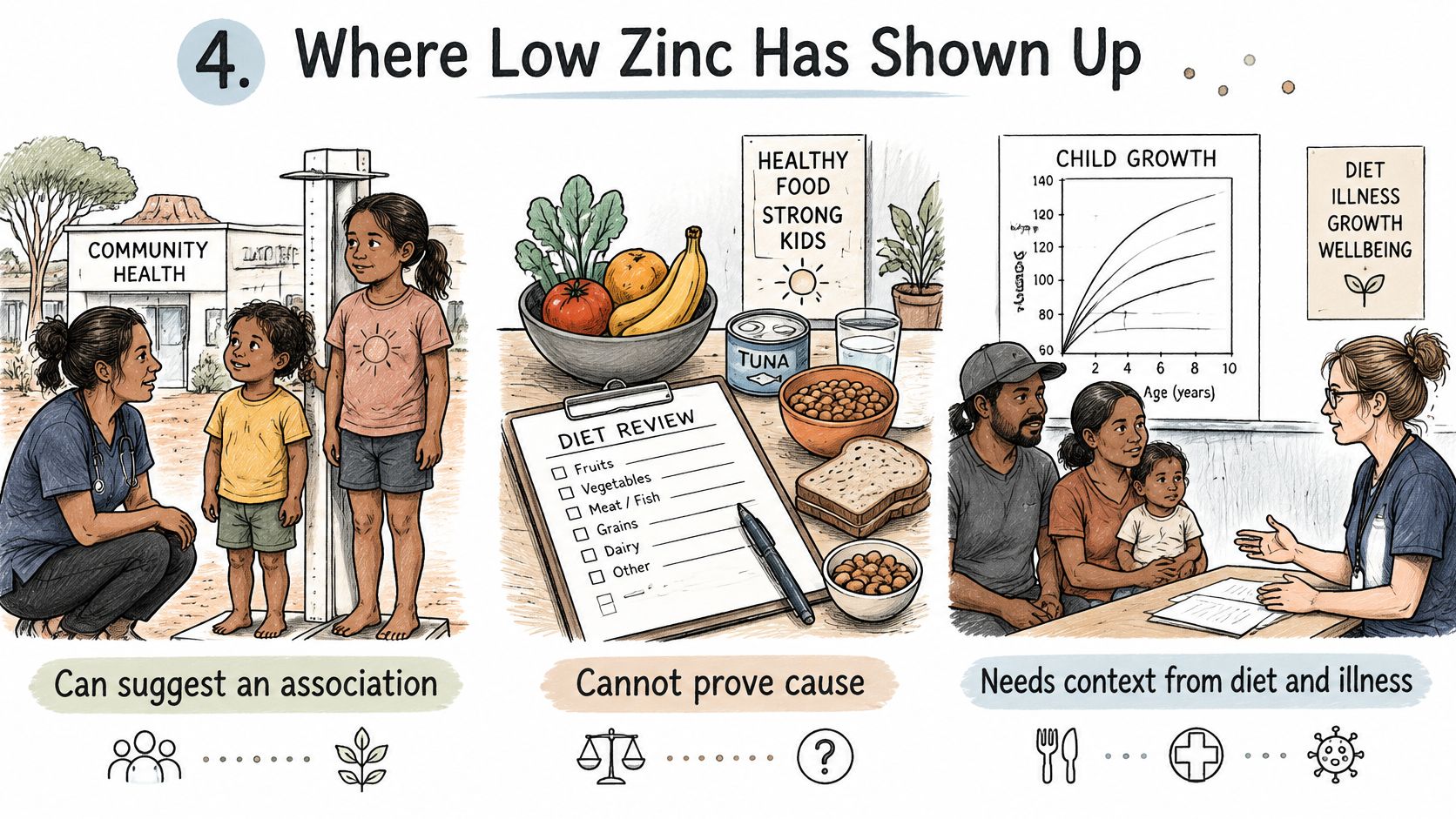 An infographic showing health checkups, diet reviews, and growth charts to illustrate low zinc health associations.