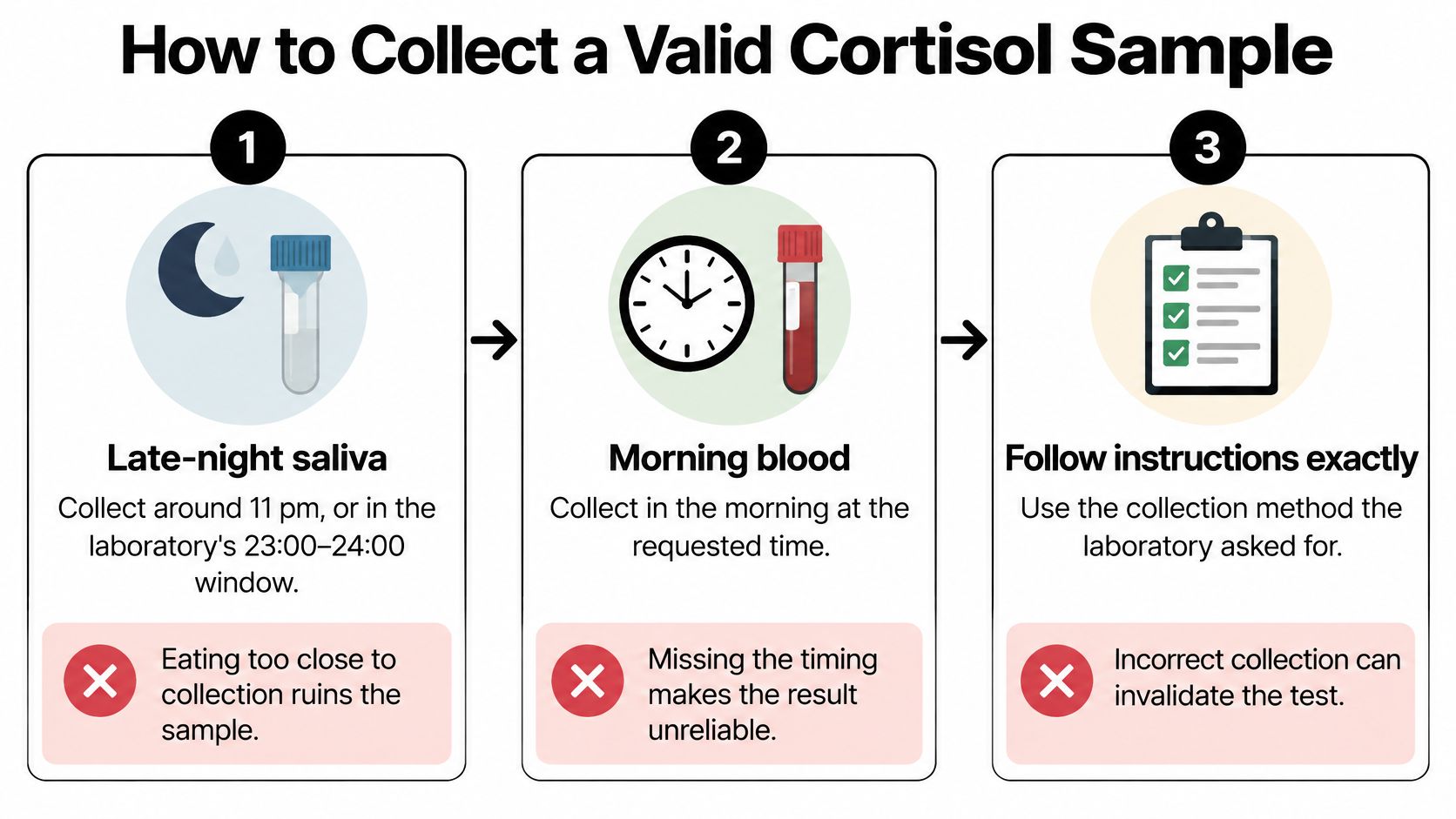An infographic showing three steps to correctly collect a valid cortisol sample for laboratory medical testing.