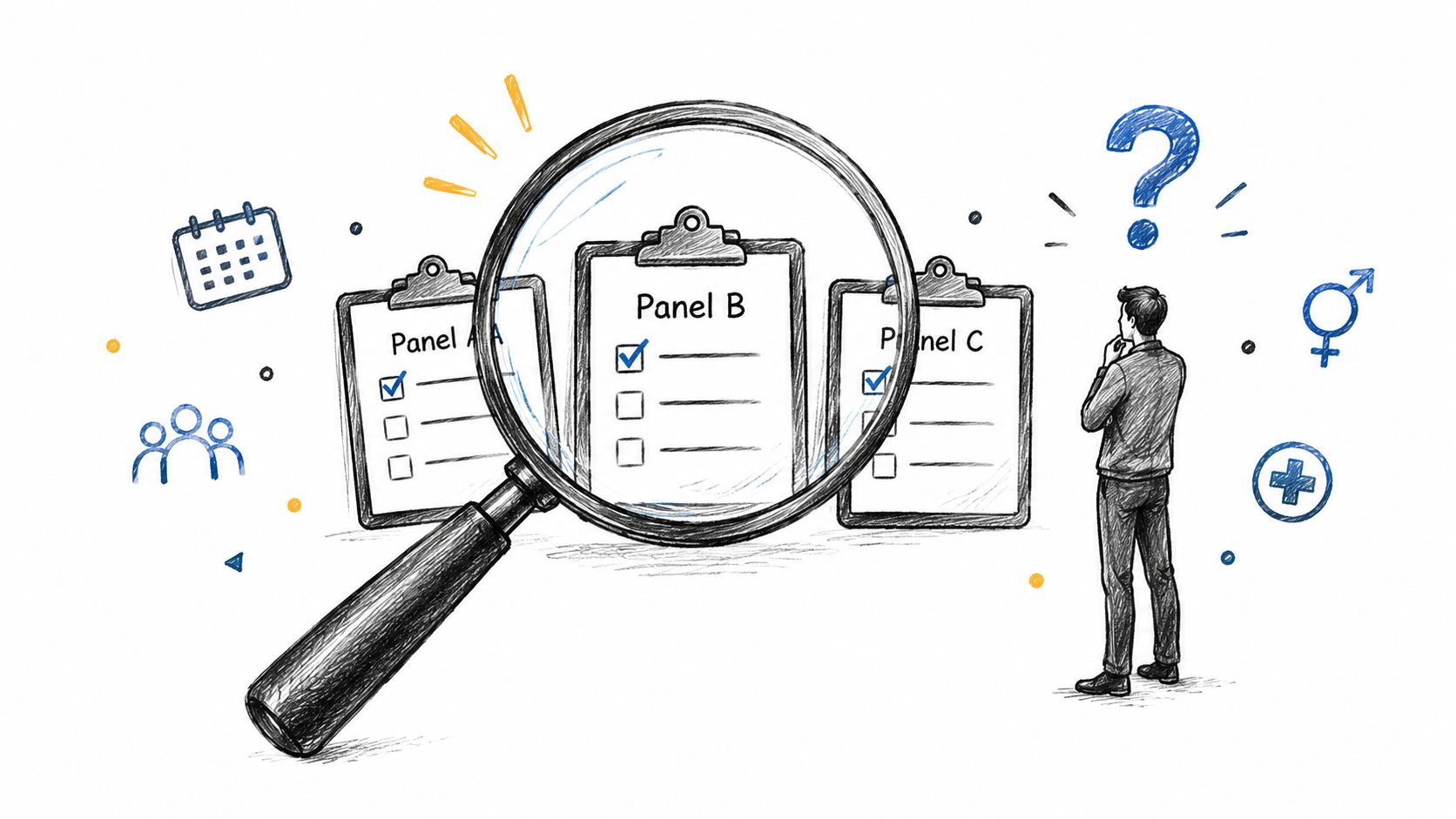 A sketched illustration showing a man looking at medical clipboard panels being examined through a large magnifying glass.