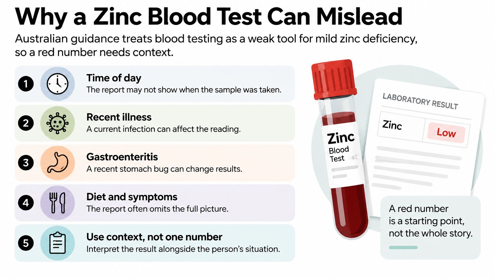 An infographic explaining why blood tests for zinc levels can be misleading and require clinical context.