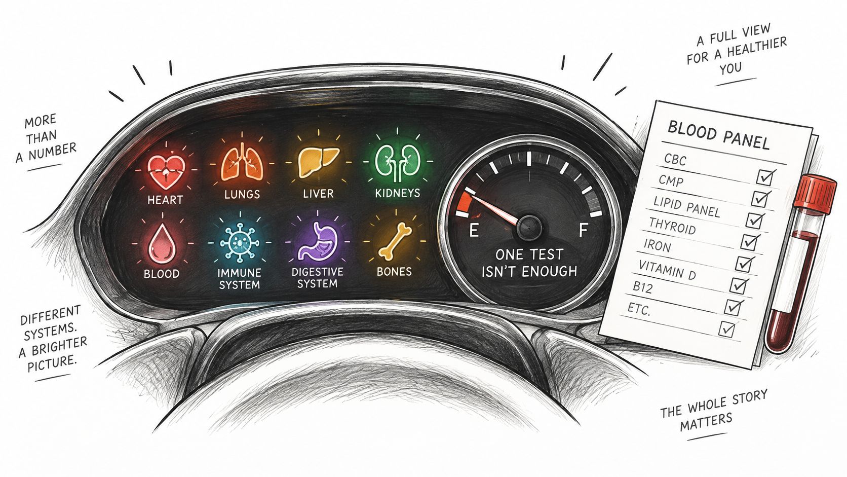 A car dashboard illustration representing comprehensive health monitoring through various systems and a full blood panel report.