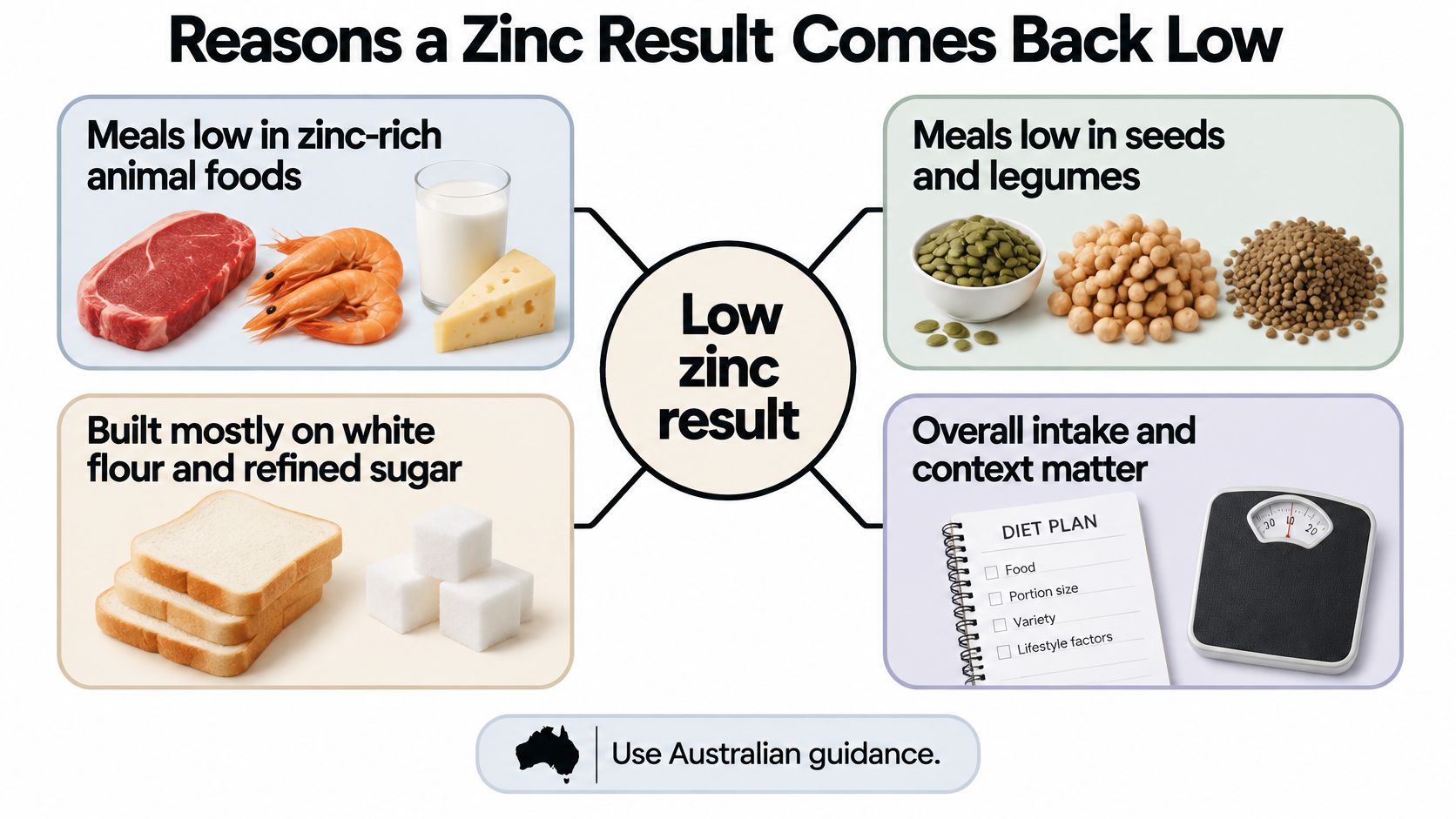 An infographic titled Reasons a Zinc Result Comes Back Low, showing dietary and lifestyle factors.
