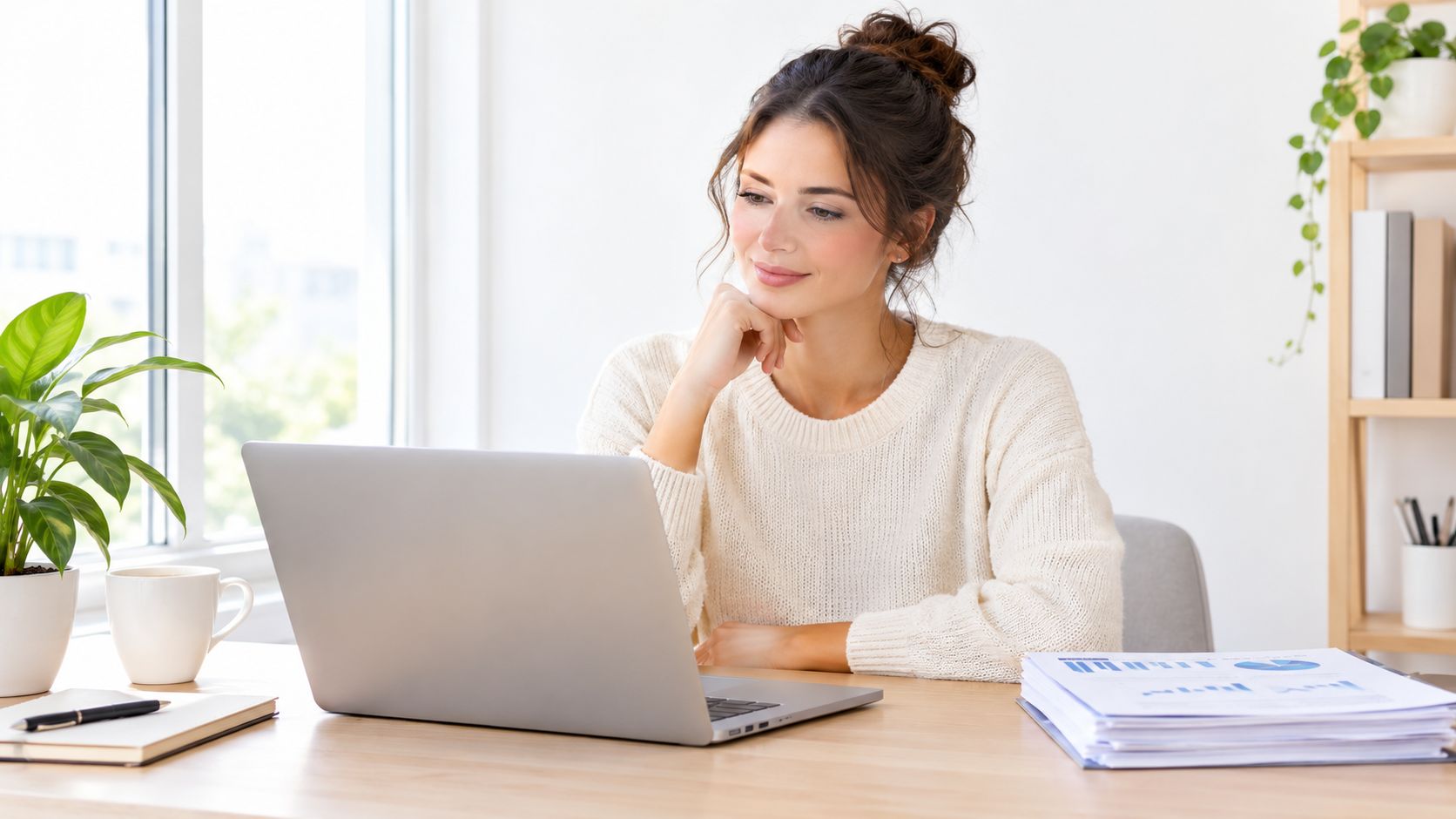 A woman working remotely on her laptop while reviewing financial documents at a bright desk.