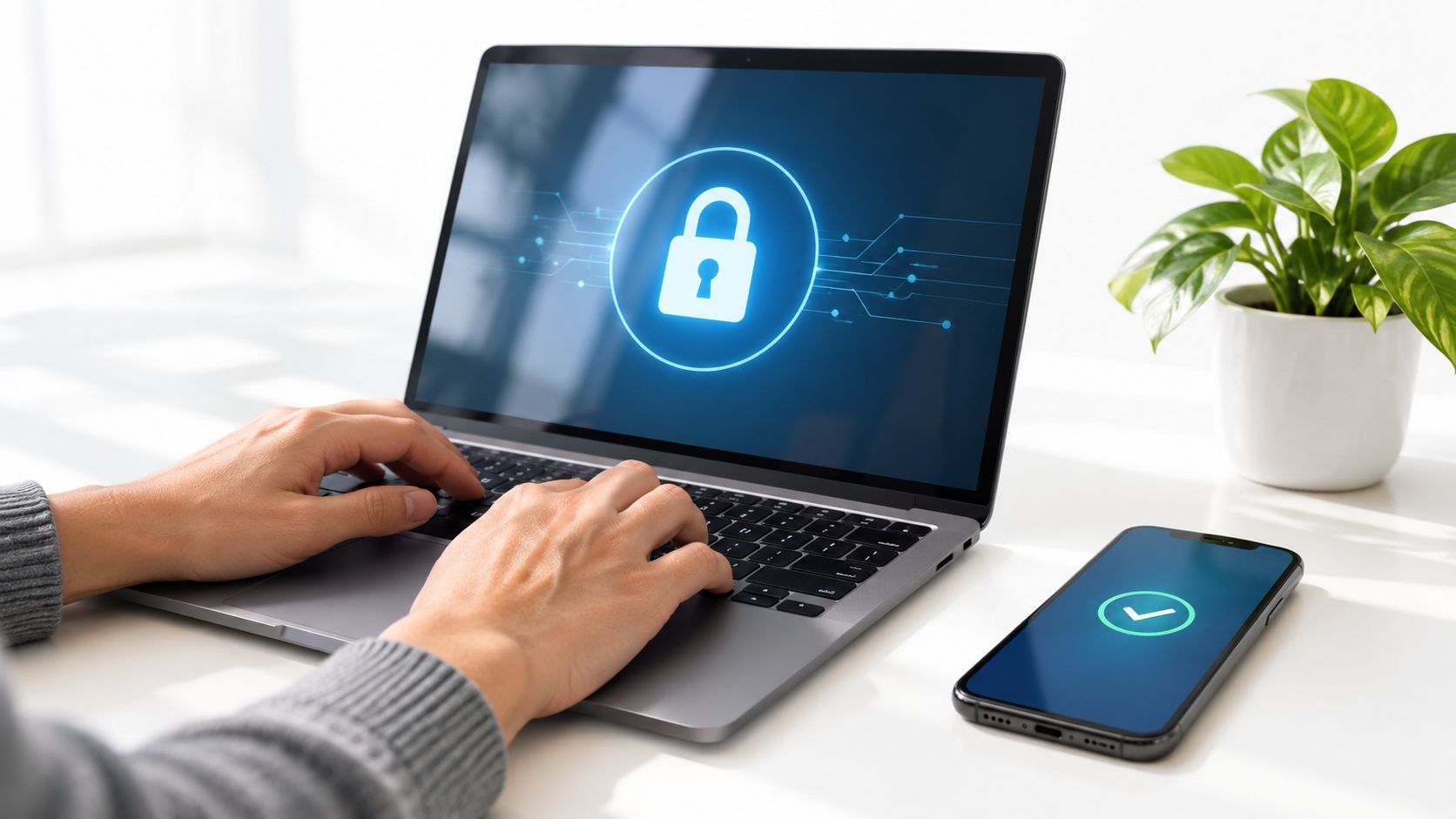A person uses a laptop displaying a security lock icon next to a phone with a checkmark.