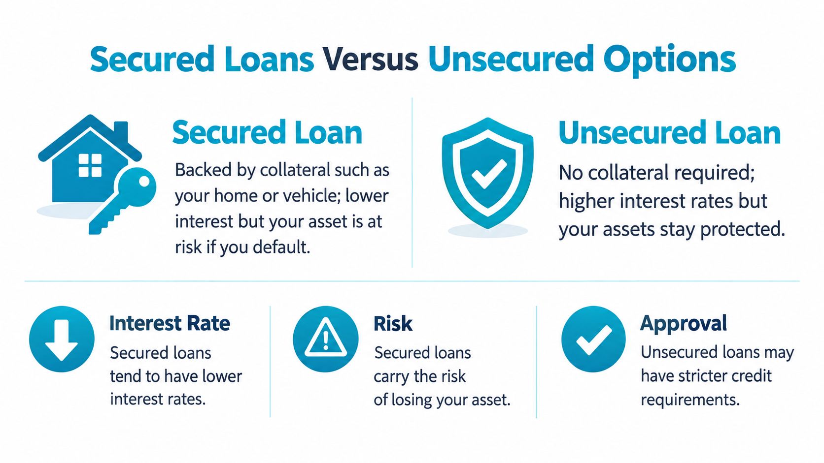 An infographic comparing secured loans and unsecured loans, highlighting differences in collateral, interest rates, risk, and approval.