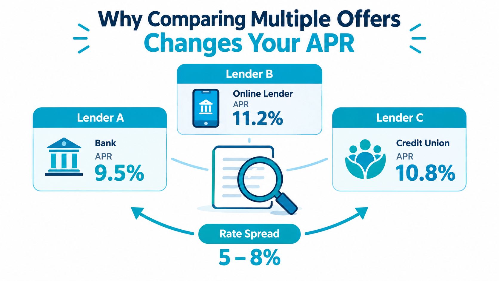 A graphic showing how comparing APR offers from a bank, online lender, and credit union varies rates.