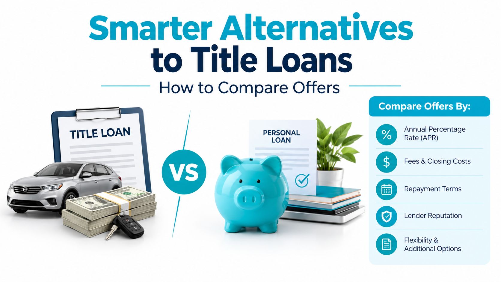 An infographic comparing expensive title loans to smarter personal loan alternatives with a checklist for comparing offers.