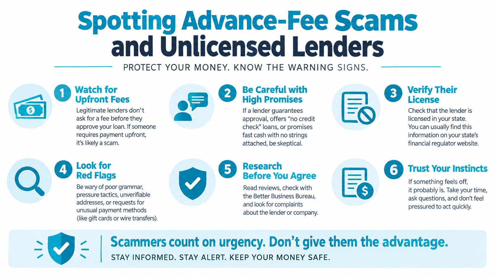 An infographic detailing six warning signs to identify advance-fee scams and avoid unlicensed predatory lenders.