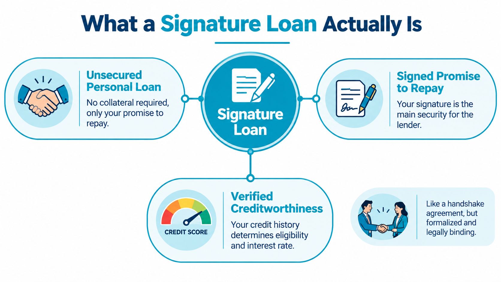 An infographic explaining what a signature loan is, highlighting unsecured status, promise to repay, and creditworthiness requirements.