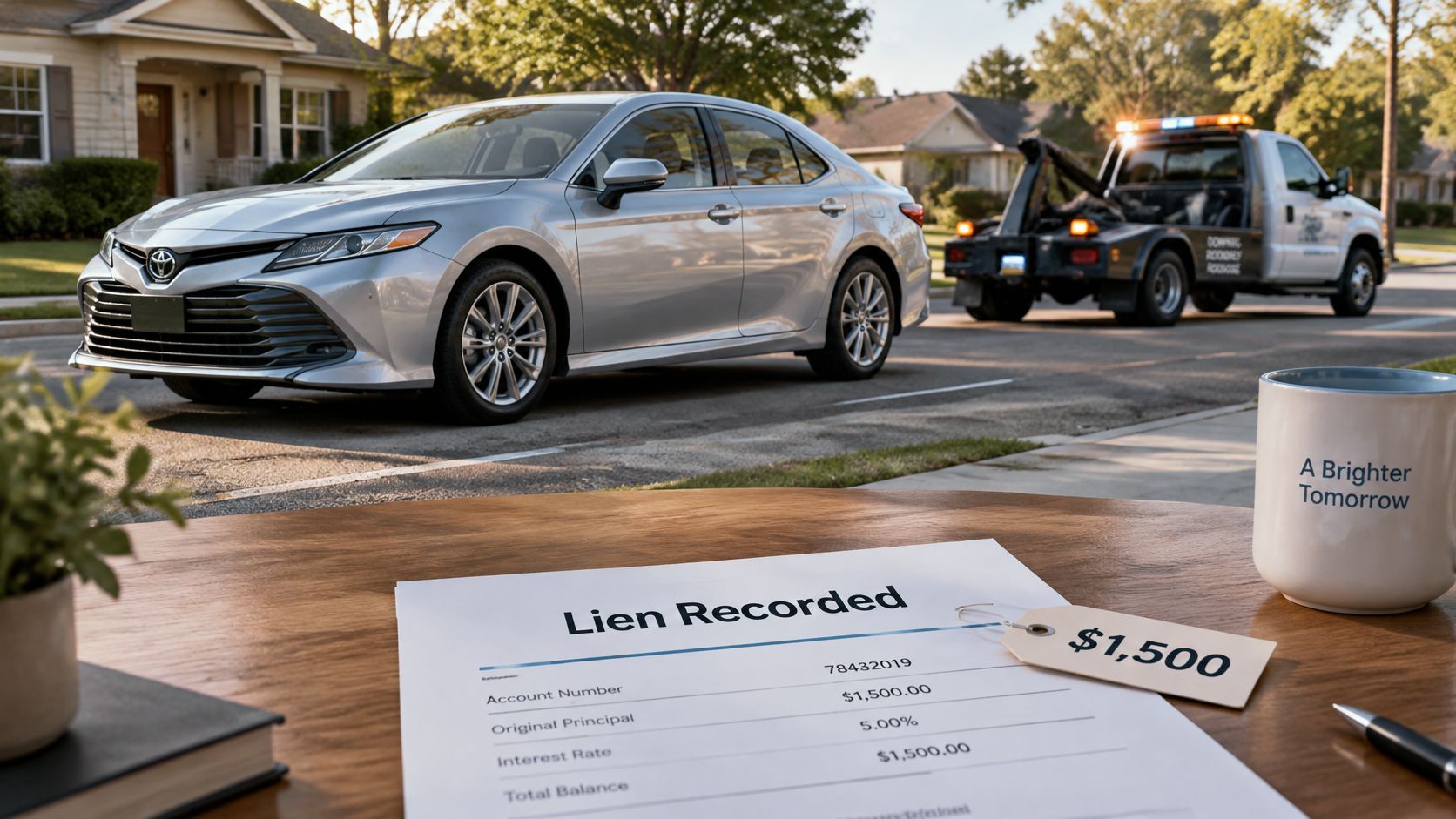 A document titled Lien Recorded next to a car being towed on a residential street.
