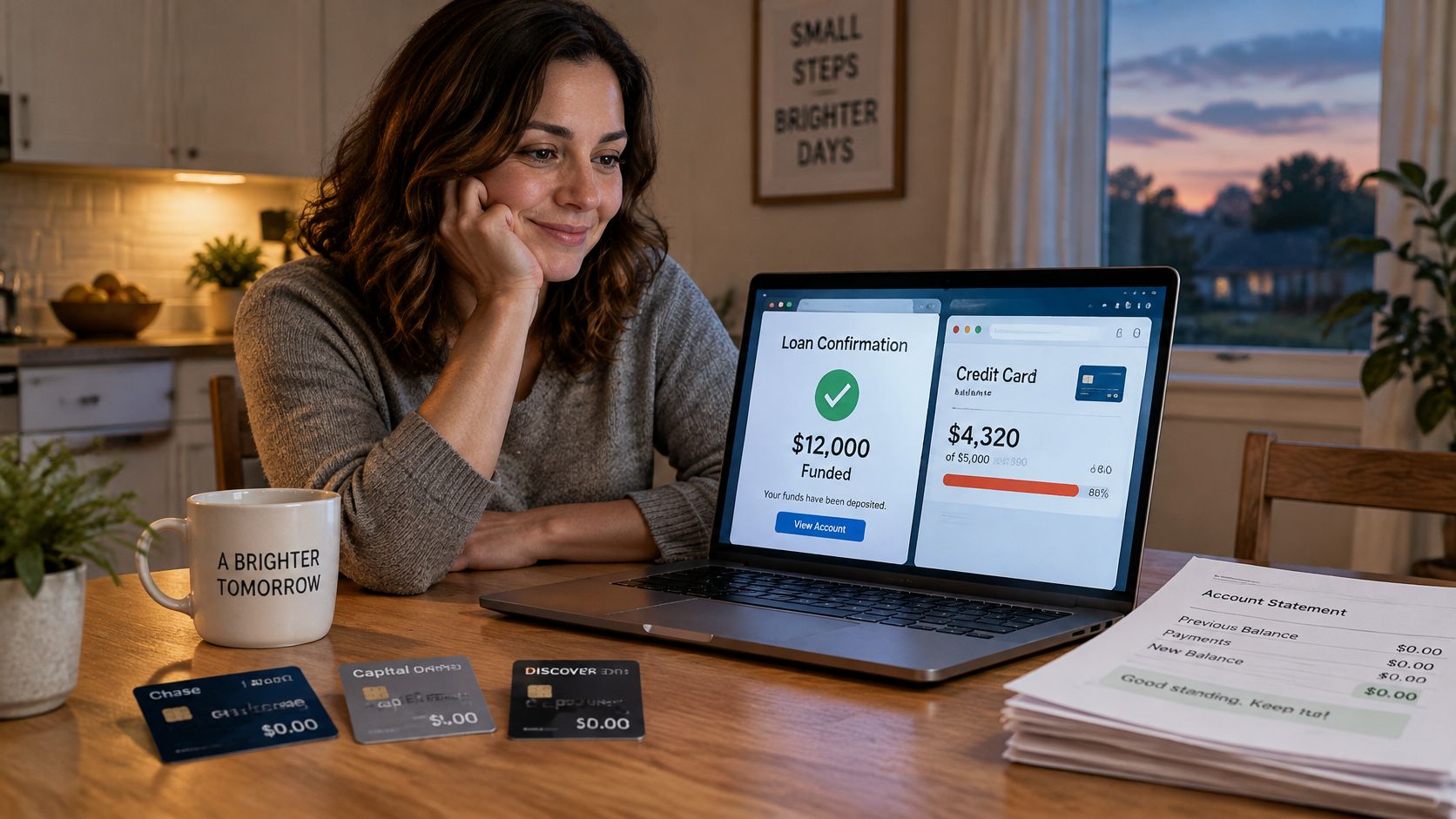 A woman looks at her laptop displaying successful loan funding while managing credit card debt at home.