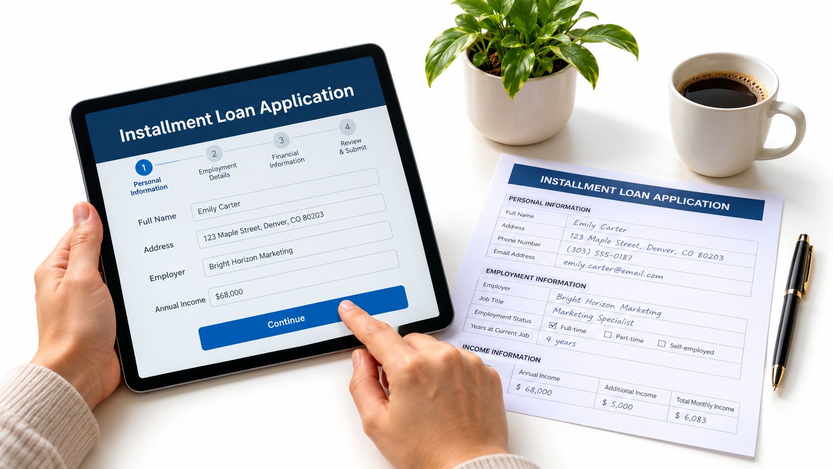 A person filling out an online installment loan application form on a tablet beside a printed document.