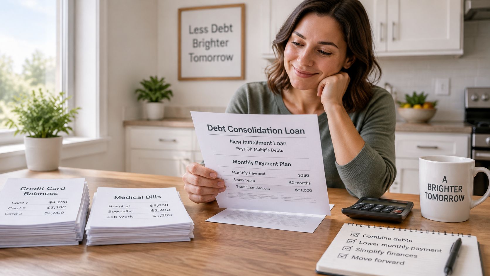 A woman reviewing a debt consolidation loan document at a wooden desk with bills and a calculator.