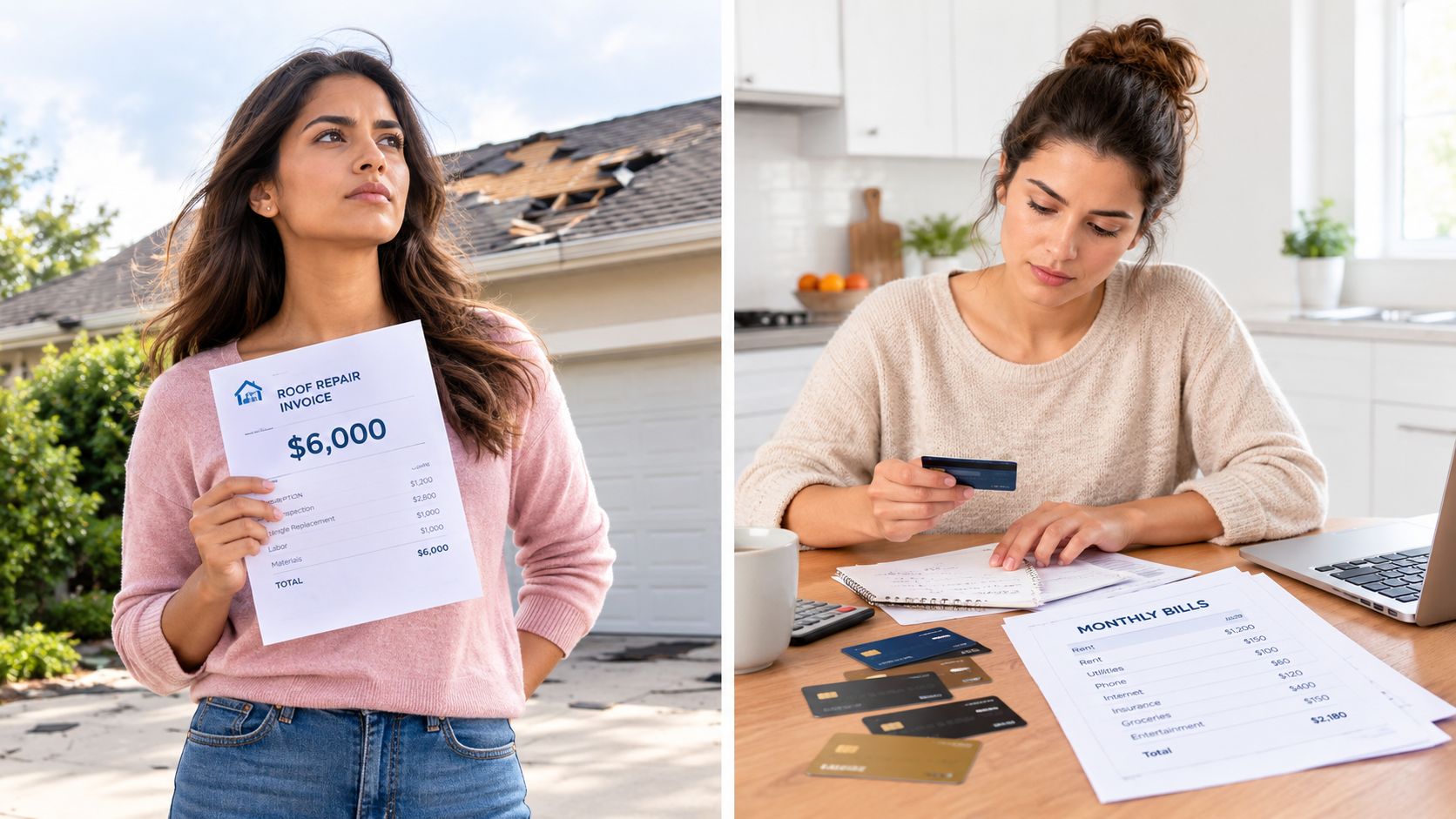 A woman comparing a large roof repair invoice to her monthly bills and credit card debt.