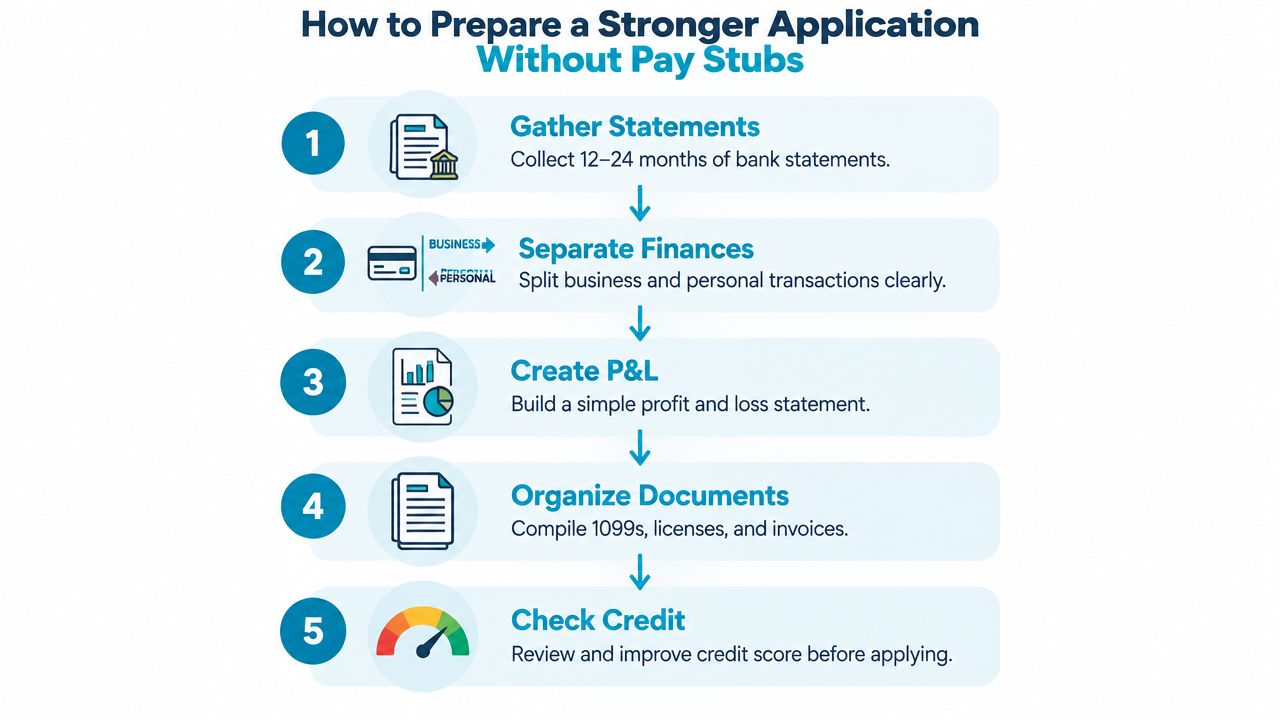 A step-by-step guide on how to prepare a stronger financial loan application without providing pay stubs.