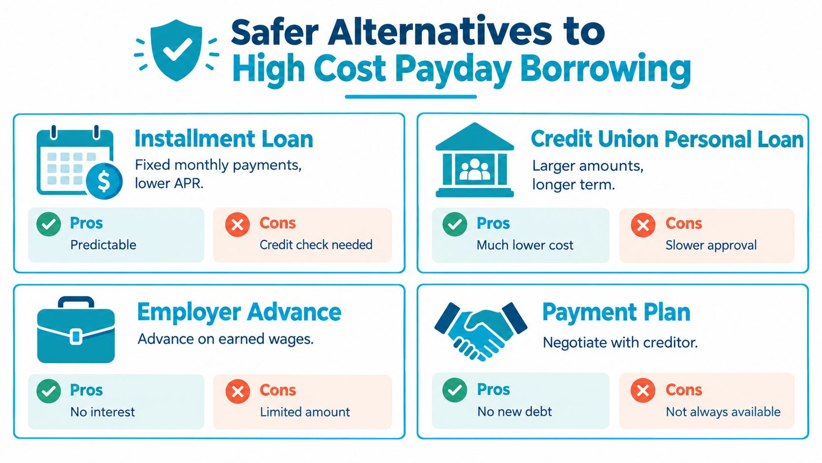 An infographic showing four safer financial alternatives to high cost payday loans with their pros and cons.