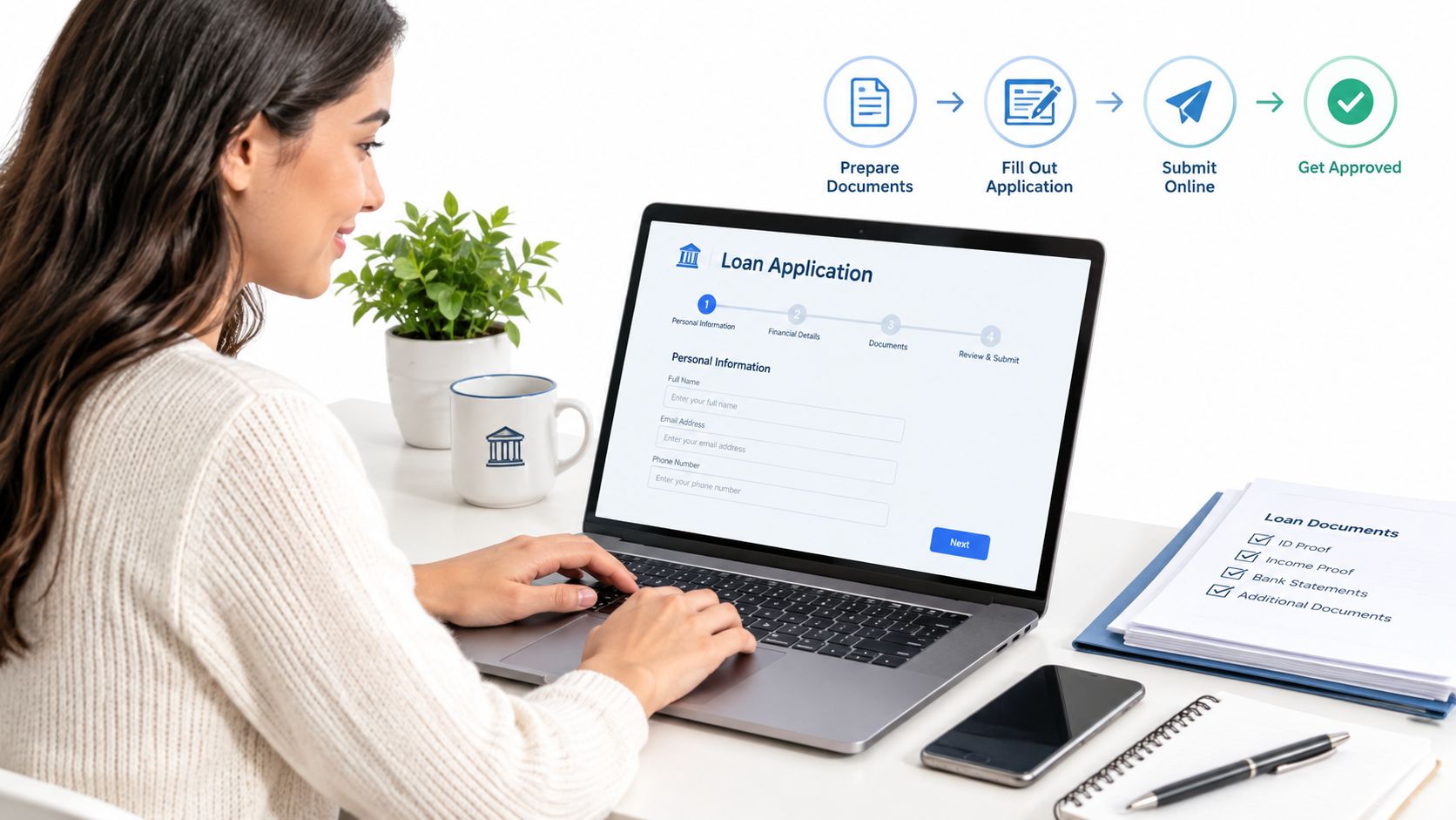 A young woman sits at a desk filling out an online loan application form on her laptop.