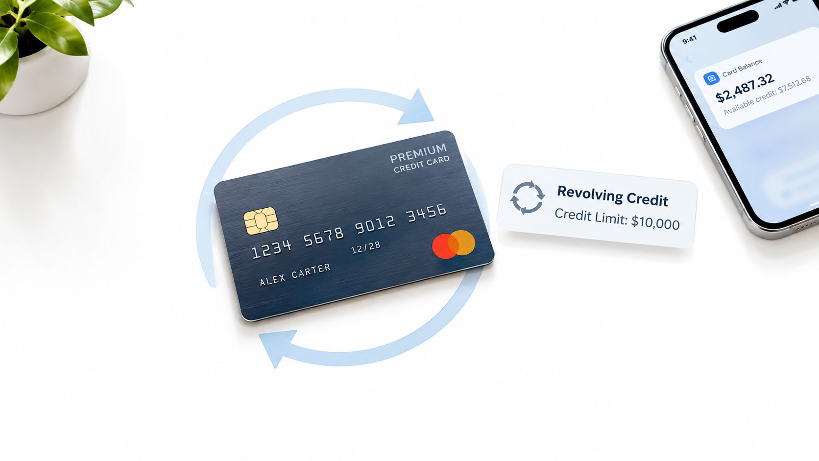 A credit card and a smartphone on a white background, representing the concept of revolving credit.