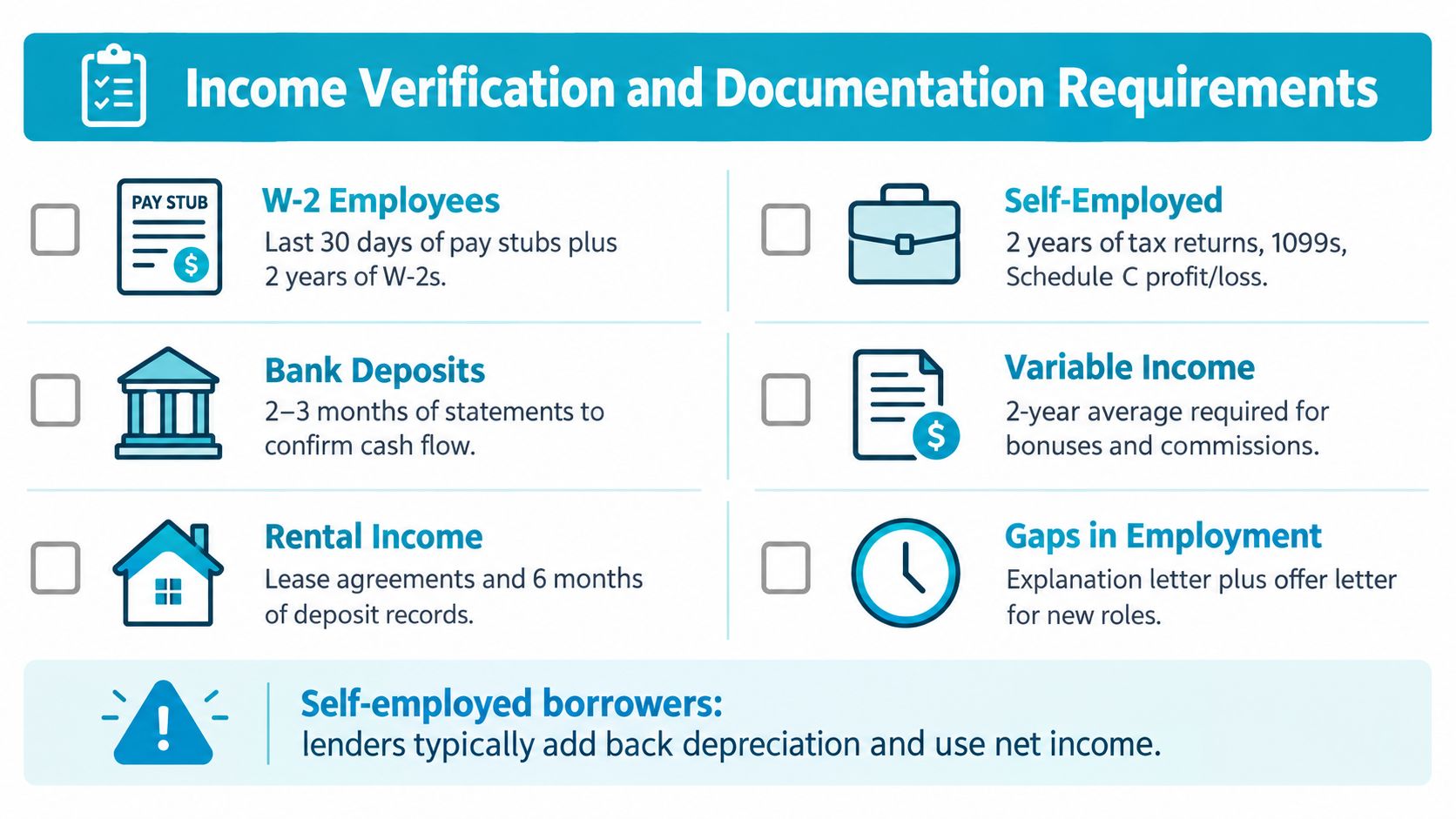 A checklist for mortgage and loan income verification requirements for W-2 employees, self-employed, and variable income earners.