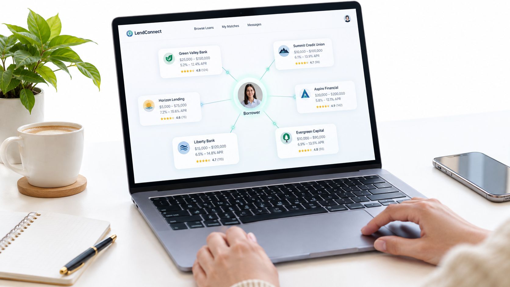 A person using a laptop to compare personal loan options from various financial institutions on the LendConnect website.