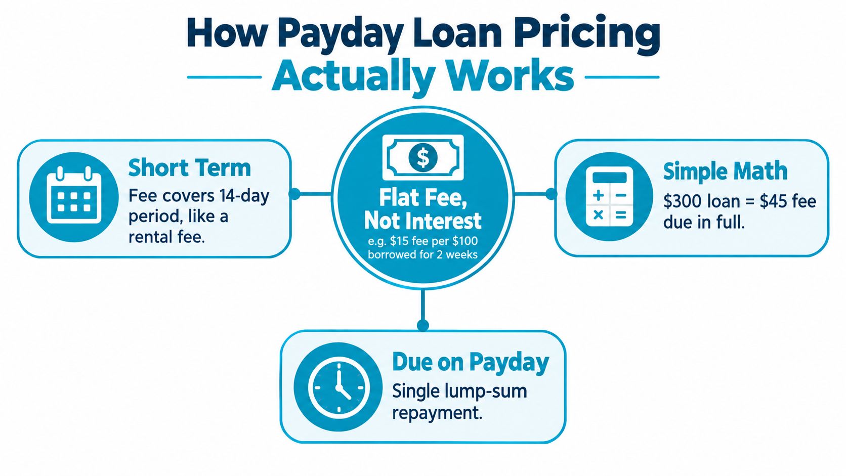 An infographic explaining how payday loan pricing works with flat fees, short terms, and lump-sum repayments.