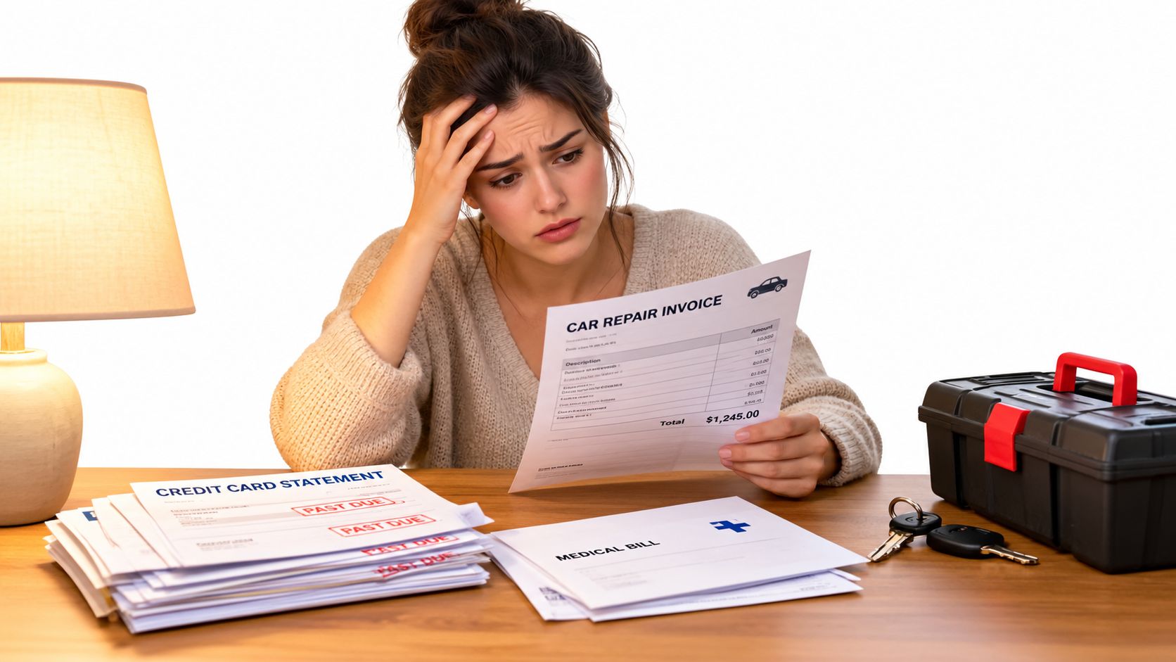 A stressed woman sits at a wooden table looking at her unpaid bills and car repair invoice.