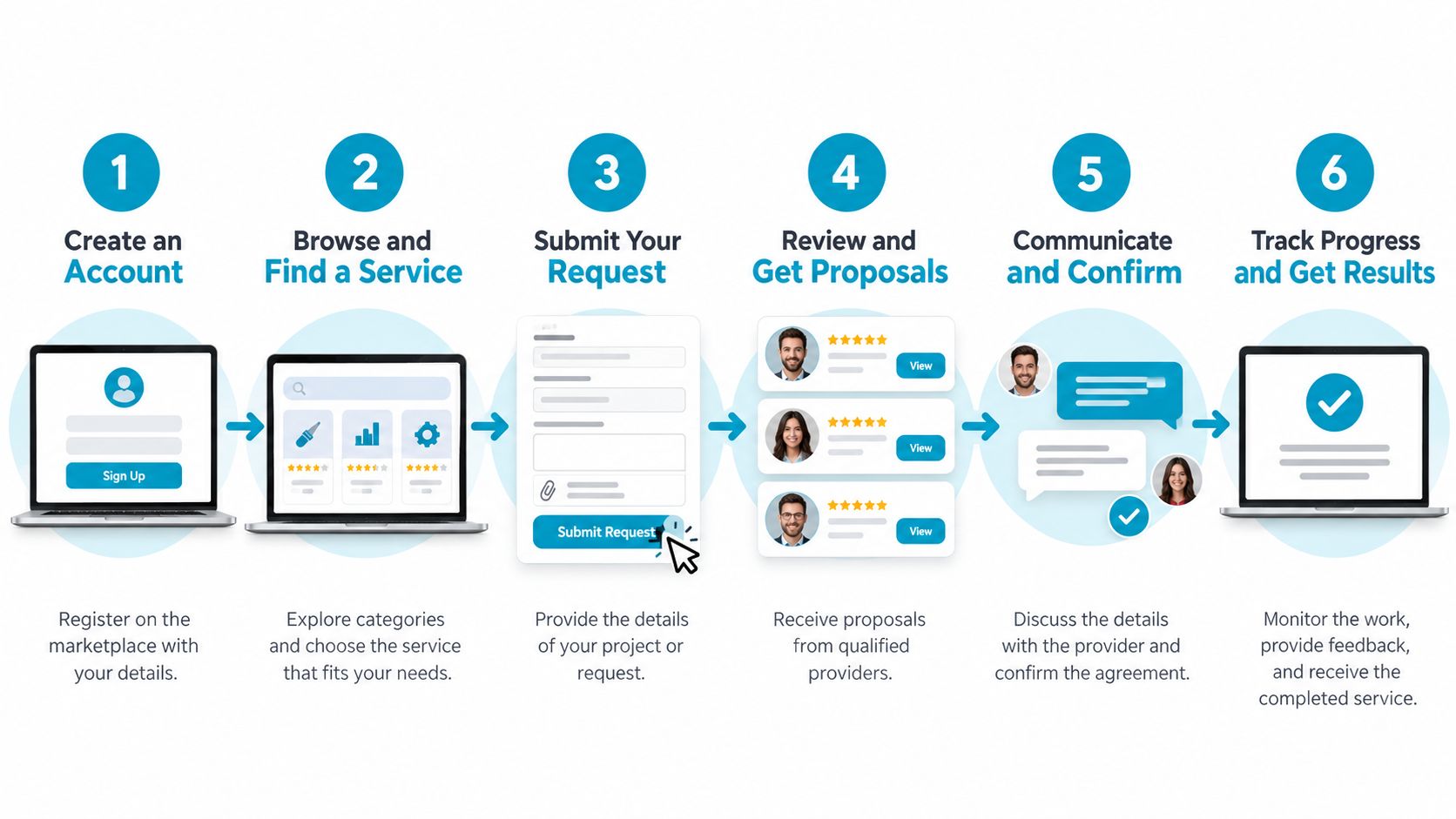 A six-step infographic illustrating the process of finding and hiring professional services on an online marketplace platform.