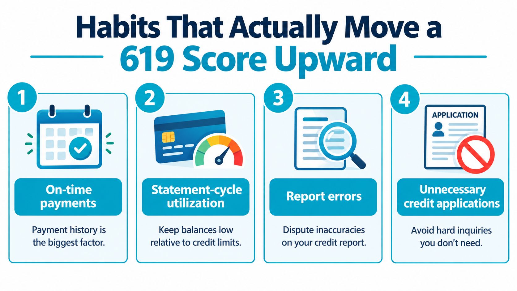 An infographic showing four steps to improve a credit score, including on-time payments and reducing credit utilization.